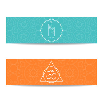 Yoga class template. Set of horizontal orange and turquoise flyers with chakra and mandala symbols. Design for yoga class, studio, spa, center, classes, invitation, gift certificate and presentation