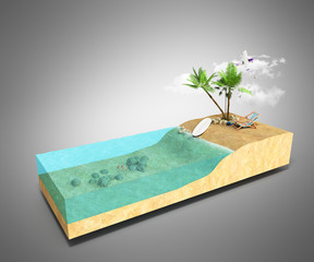 Piece of tropical island with water and palms on a beach in cross section Unusual travel 3d illustration Isolated on grey - obrazy, fototapety, plakaty