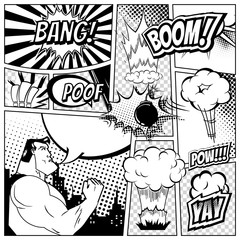 Set of comics speech and explosion bubbles on a book page background. Super hero, rocket, city silhouette firework design elements