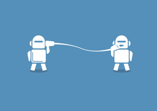 Robo advisor concept as vector illustration. Two robots communicating with each other on blue background.