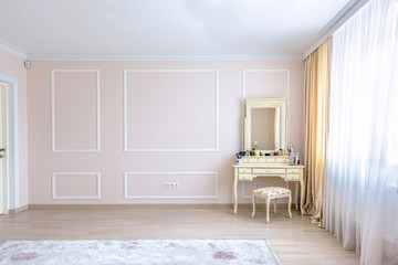 White apartment interior design bedroom with classic furniture, curtains, modern style in chisinau, cenral district, moldova