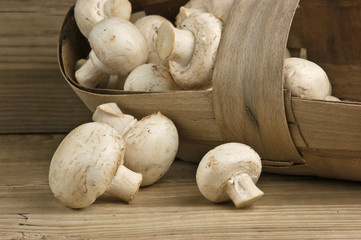 Basket with mushrooms on wooden background