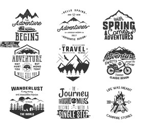 Spring adventure and mountain explorer typography labels set. Outdoors activity inspirational insignias. Silhouette hipster style. Best for t shirts, mugs. patches isolated on white background - obrazy, fototapety, plakaty
