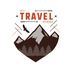 Vintage adventure Hand drawn label design. Let s travel the World sign and outdoor activity symbols - mountains, forest eagle. Retro colors. Isolated on white background. letterpress effect