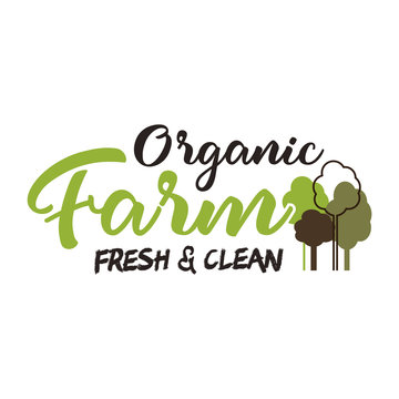 Organic farm typography emblem. Lettering and calligraphy logo design. Included trees symbols. Isolated on white background. Vintage template
