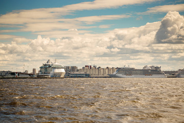 Obraz premium St. Petersburg, Russia - June 28, 2017: View from the bay to the liners in St. Petersburg.