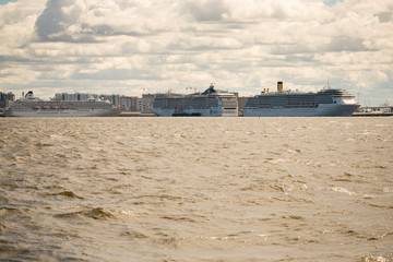 Obraz premium St. Petersburg, Russia - June 28, 2017: View from the bay to the liners in St. Petersburg.