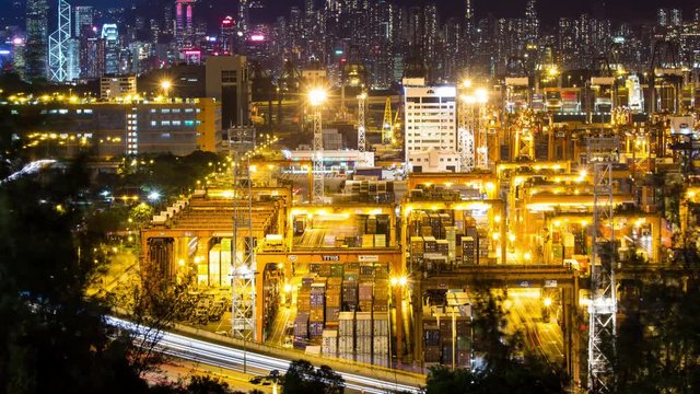 Kwai Tsing, Hong Kong, 8 June 2017 -: Night view on busy container terminal in Hong Kong