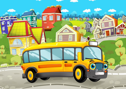 happy and funny cartoon bus looking and smiling driving through the city - illustration for children