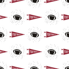 American football seamless pattern with sports symbols - ball, pennant, star lights and tpography elements. Stock vector background, wallpaper © jeksonjs