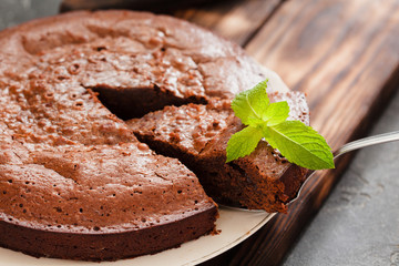 Chocolate cake brownie on gray background