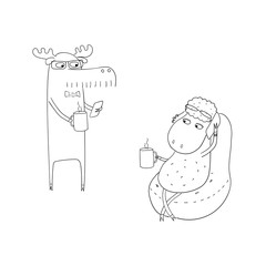 Hand drawn black and white vector illustration of a funny sheep and moose as office workers, having a coffee break.