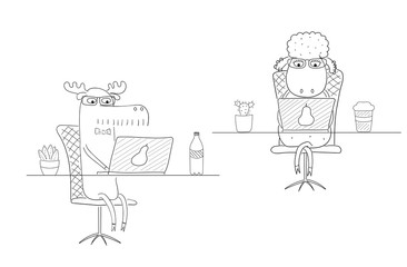 Hand drawn black and white vector illustration of a funny sheep and moose as office workers, at the desk with a laptop.