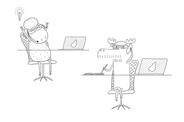 Hand drawn black and white vector illustration of a funny sheep and moose as office workers, talking on the phone.