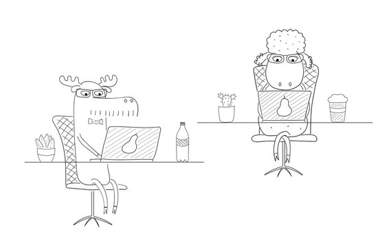 Hand drawn black and white vector illustration of a funny sheep and moose as office workers, at the desk with a laptop.