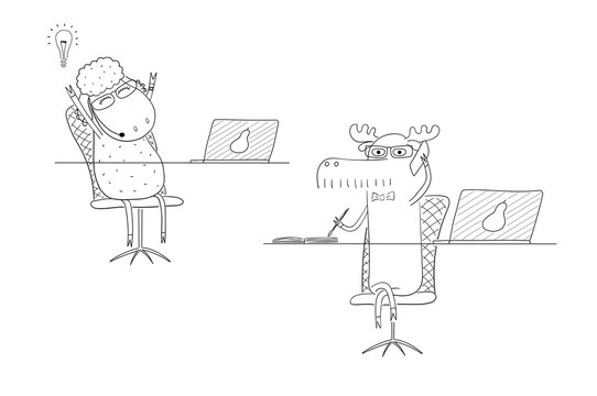 Hand drawn black and white vector illustration of a funny sheep and moose as office workers, talking on the phone.