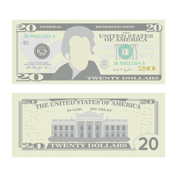 20 Dollars Banknote Vector. Cartoon US Currency. Two Sides Of Twenty American Money Bill Isolated Illustration. Cash Symbol 20 Dollars