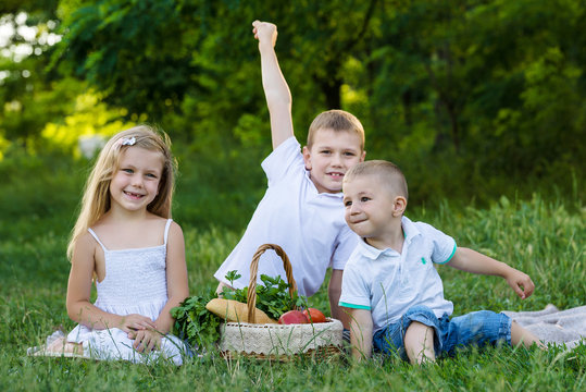 Sister and two brothers in the summer garden with picnic basket