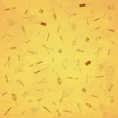 Hairdresser equipment pattern. Brown images, gold watercolor background.