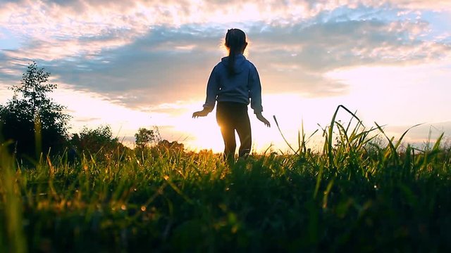Beautiful little girl in the field at sunset. Nature, people