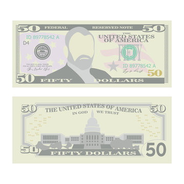 50 Dollars Banknote Vector. Cartoon US Currency. Two Sides Of Fifty American Money Bill Isolated Illustration. Cash Symbol 50 Dollars