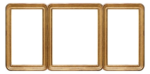Gold frame of three parts (triptych) on a white background