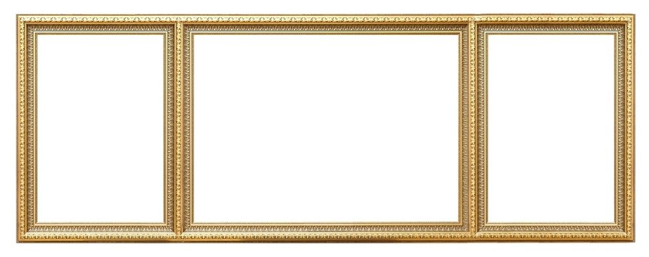 Gold frame of three parts (triptych) on a white background