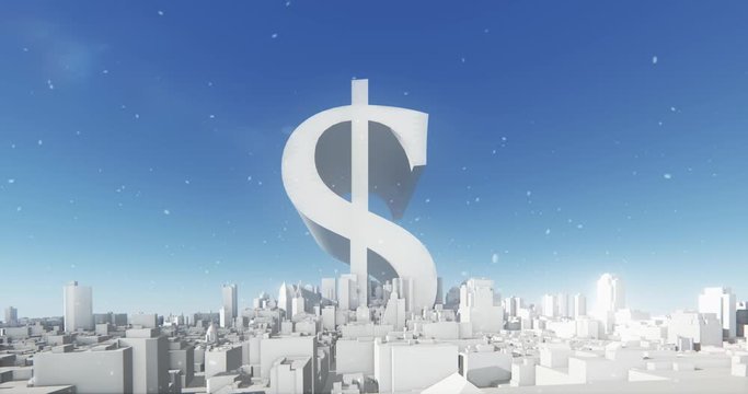 4k Dollar symbol & abstract urban business construction,3D Virtual Geometric City Office Buildings,aerial view of NewYork,web tech.