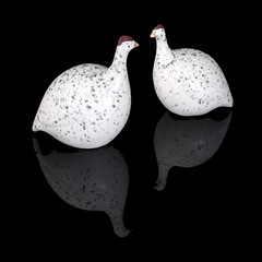 Ceramic figurines of birds on a black mirror