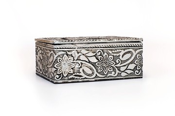 Silver jewelry box for a gift on a white background in various angles