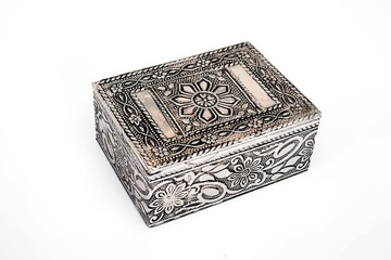 Silver jewelry box for a gift on a white background in various angles