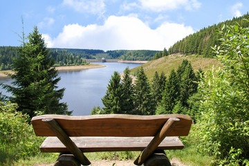 Eine Holzbank, Aussicht, Nationalpark Harz, Eckerstausee, Germany