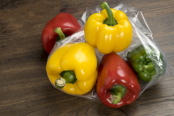 group of bell peppers in plastic bag