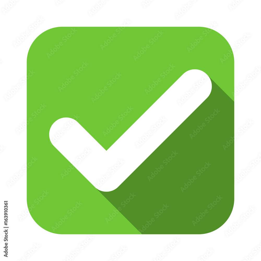 Poster Check mark flat square green icon, button with long shadow. Vector EPS10