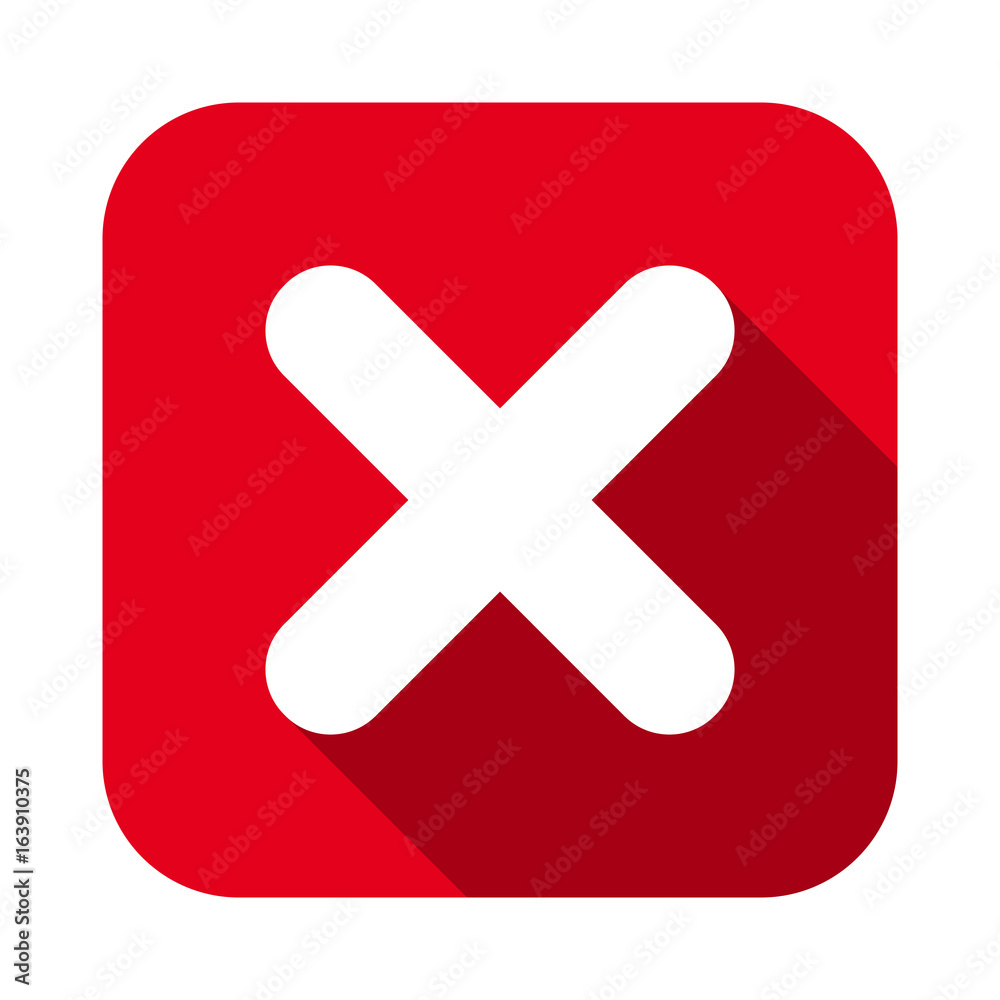 Poster cross mark flat square red icon, button with long shadow. vector eps10