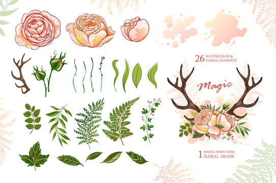 Magic wreath with deer horns and roses, green elements for design - Powered by Adobe