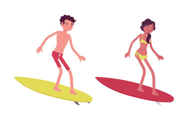 Young man and woman in summer beach outfit, surfing