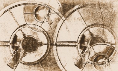 Obraz premium Old sepia film reel on a scratched and rusty metal background.