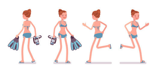 Walking and running young woman with mask and flippers set