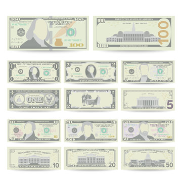 Dollars Banknote Set Vector. Cartoon US Currency. Two Sides Of American Money Bill Isolated Illustration. Cash Dollar Symbol. Every Denomination Of US Currency Note.