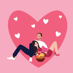 couple girl man together sleep sitting love shape and basket of food romantic pink