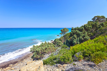 Fototapeta na wymiar Greece,Rhodes, coastline of Mediterranean sea .
