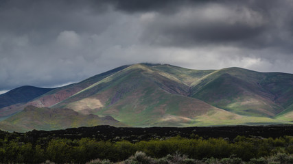 Early spring landscape with soft shades of green and gray clouds