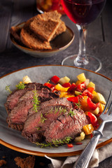 Grilled steak and vegetables.