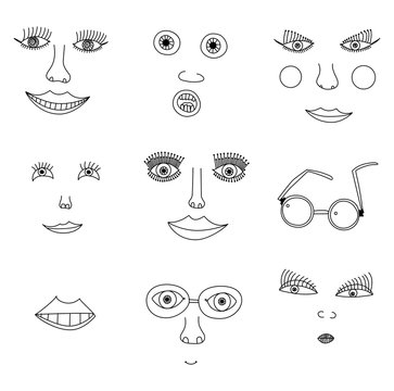 Child drawing face, Seven images of the face and its elements in the children's style points, on a white background