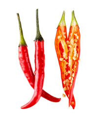 Three chili peppers, red hot chilli pepper on white background close-up, macro, no shadow