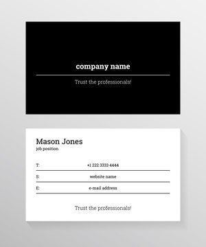 Double-sided business card template. Information on the black lines on white background. Black cover. Trust the professionals slogan. US standard size 3.5x2 in. With bleed size 0.125 in. Vector.