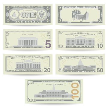 Dollars Banknote Set Vector. Cartoon US Currency. Flip Side Of American Money Bill Isolated Illustration. Cash Dollar Symbol. Every Denomination Of US Currency Note.