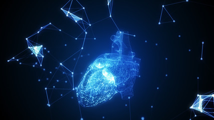 The human heart is formed by rotating particles. The structure of the plexus develops around. Blue abstract futuristic science and technology background motion. 3D illustration