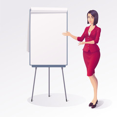 Young business woman in red clothes, pointing at empty flip chart. Vector illustration